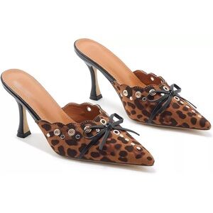 Women Heels Bow Tie Mules Pointy Studs Kitten Heels Dress Pumps Leoaprd Size 6